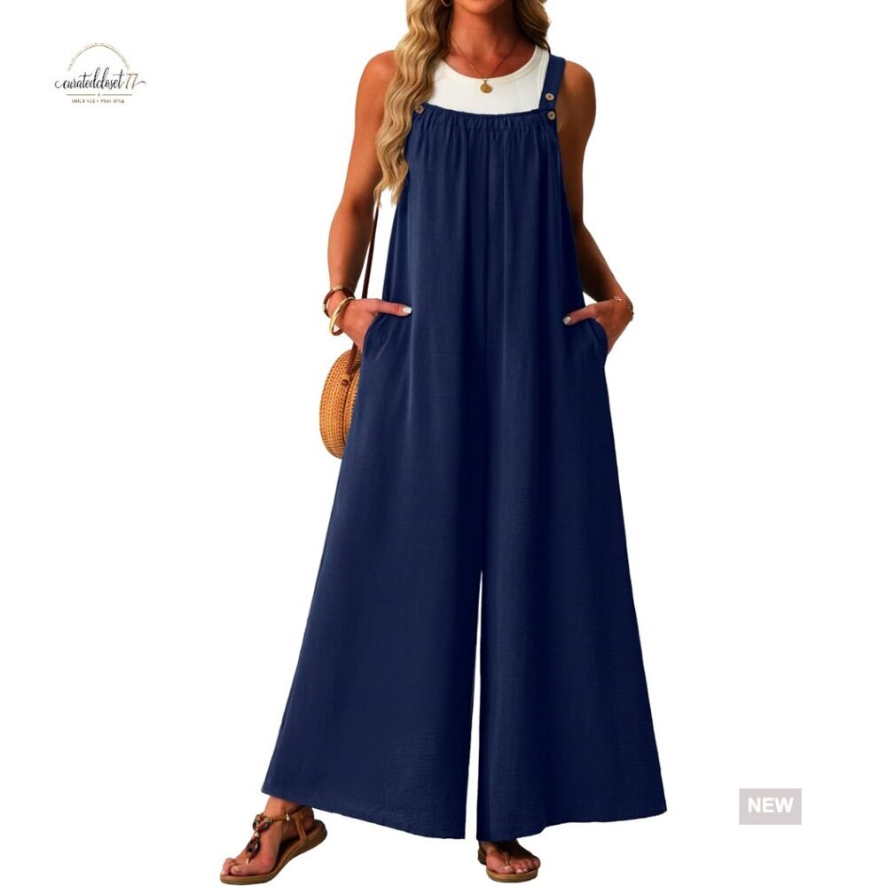 Sleeveless Jumpsuit with Pockets, Wide Leg, Polyester, Casual Summer Wear